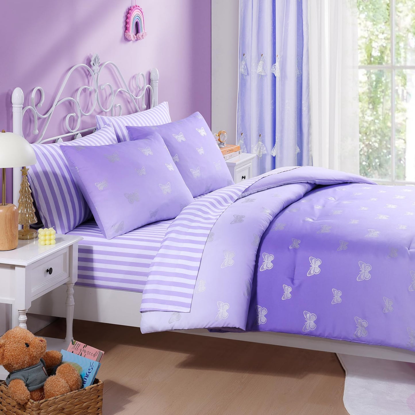 Wink Deer Twin Comforter Set with Sheets for Girls-5 Pieces Twin Bedding Sets with with Purple White Gradient Ombre Comforter, Sheets, Pillowcases & Shams for Kids (Silver Butterfly, 66" X 86")