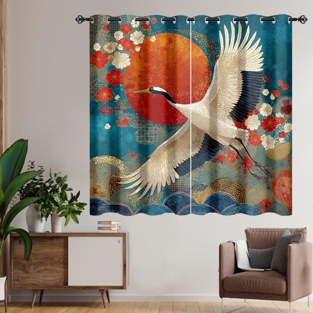 XSUPFLYM Colorful Abstract Japanese Crane Window Perforated Curtains Beautiful Red Sun Animal Crane Cherry Blossom Thermal Curtains Suitable for Bedroom Living Room 2 Panels.Each 21" W x 54" L