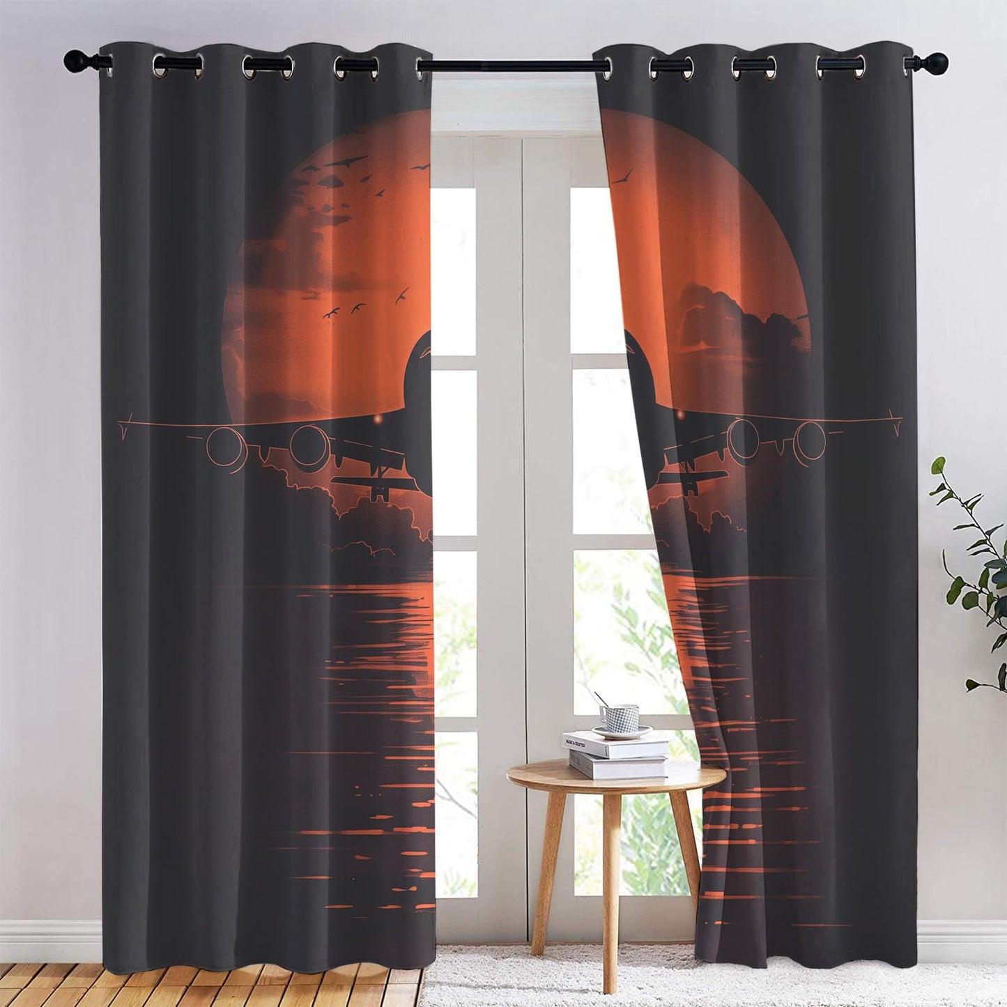 Phtbz Airplane Sunset Curtains 45 Inch Length 2 Panels Set, Aviation Aircraft Patterned Blackout Curtains for Bedroom, Living Room Decor, Room Darkening Thermal Insulated Grommet Drapes