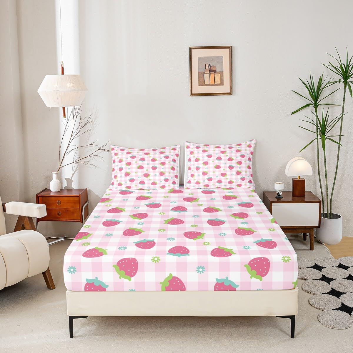 Girls Strawberry Bed Sheet Set Twin Kids Pink Buffalo Check Bedding Set Cute Strawberries Fruit Fitted Sheet Kawaii Room Decor Soft Geometric Grid Plaid Bed Cover with 1 Pillow Case, No Flat Sheet
