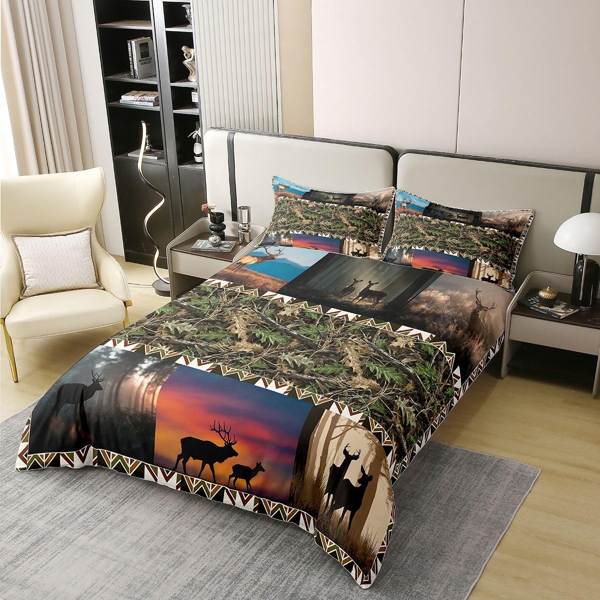 Deer 100% Cotton Duvet Cover Set Twin,Hunting Deer Bedding Sets,Woodland Animal Comforter Cover 3D Nature Scene Patchwork Bedding Elk Antler with Branches Quilt Cover,Rustic Farmhouse Bedroom Decor