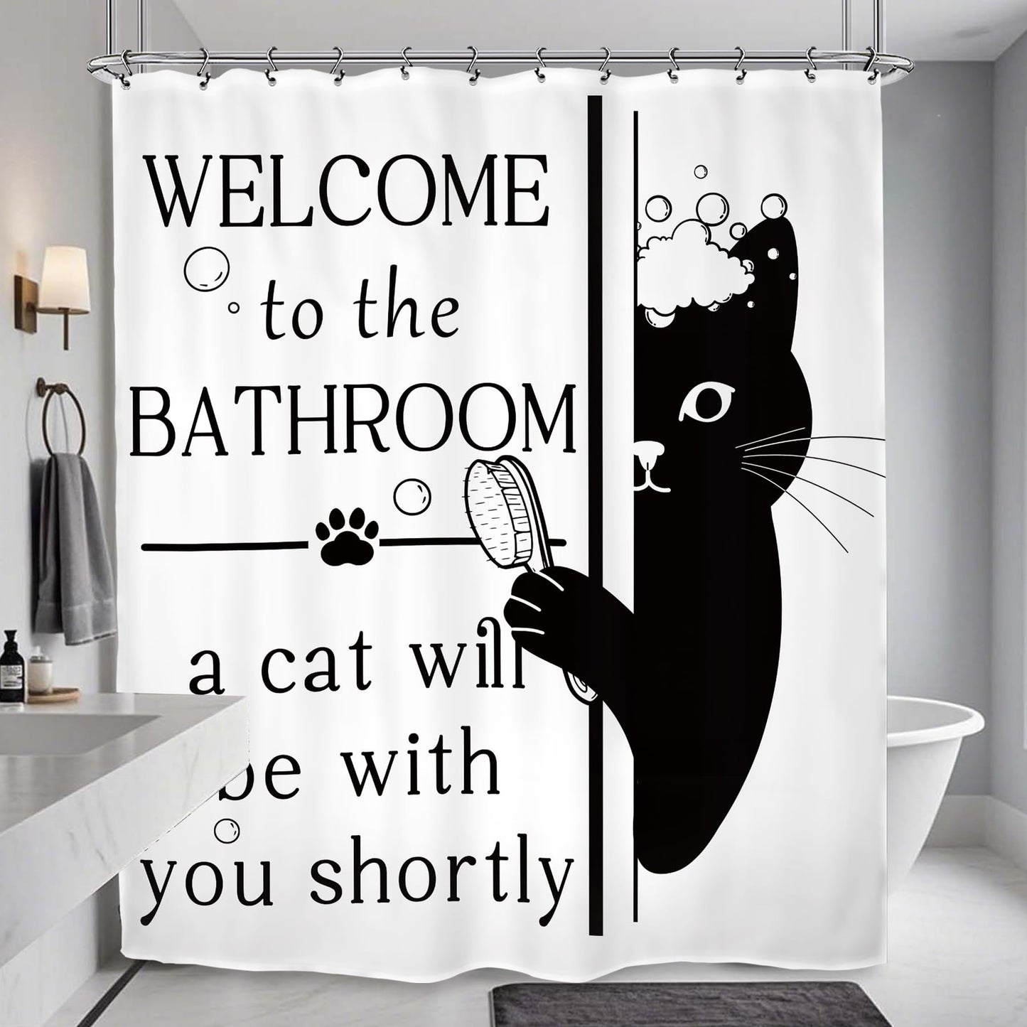 Kalmico Funny Hilarious Black Cat Shower Curtain 60Wx72L Inch Black White Cute Pet Animal Interesting Bathroom Set Accessories Decor with 12 Pack Hooks