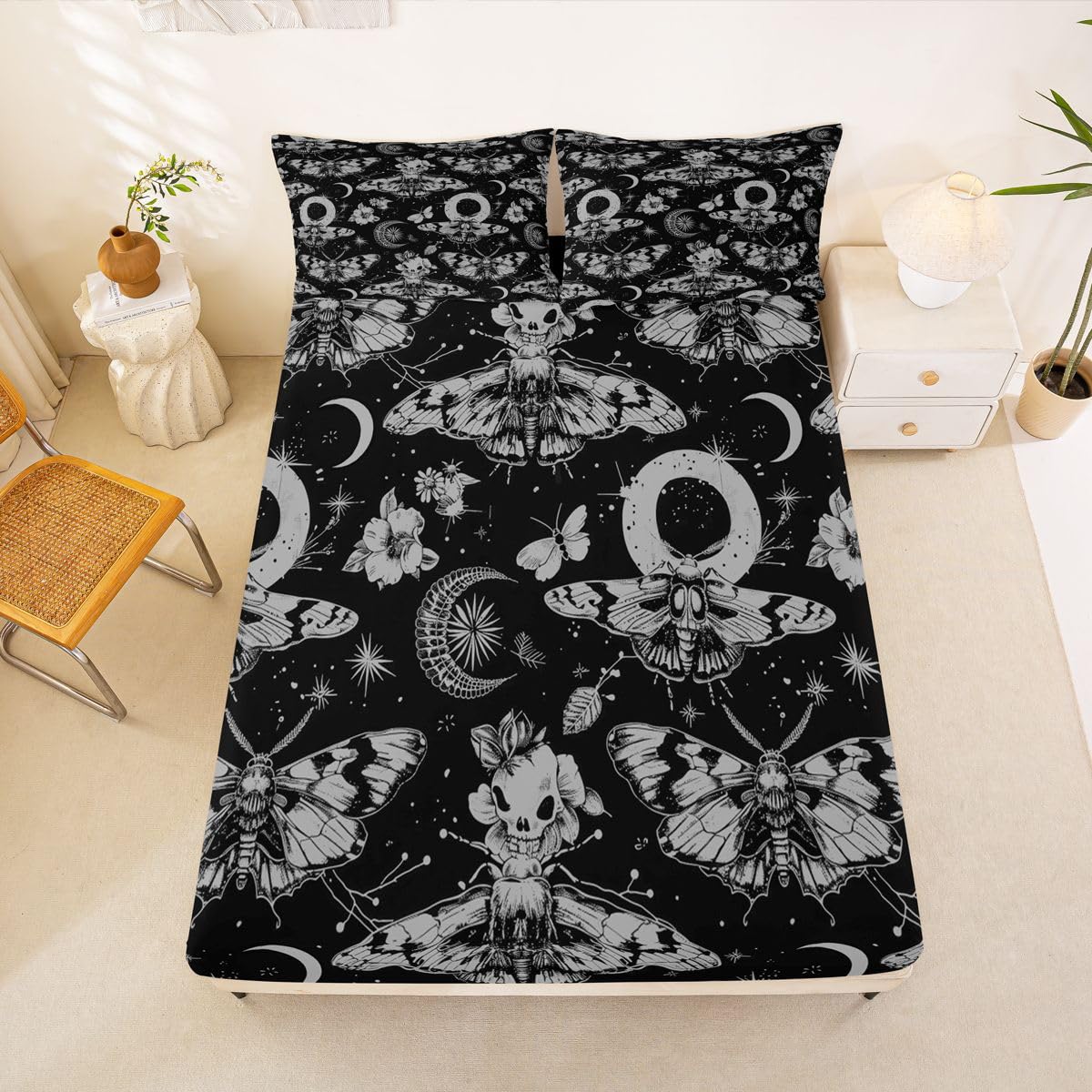 Feelyou Death Moth Bed Sheets Set Full Size Halloween Themed Bed Set for Kids Boys Girls Boho Moth Deep Pocket Fitted Sheet Gothic Breathable Soft Lightweight Microfiber Black and Gold