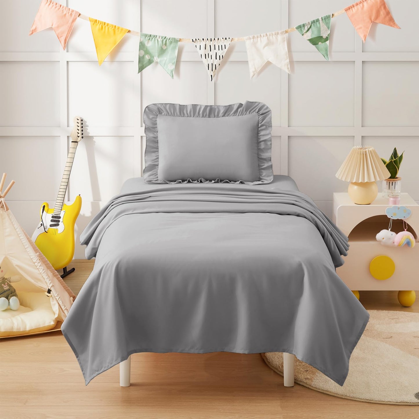KKJIAF 3 Piece Toddler Sheet Set Microfiber, Includes a Flat Sheet, a Fitted Sheet and a Ruffle Pillowcase, Grey