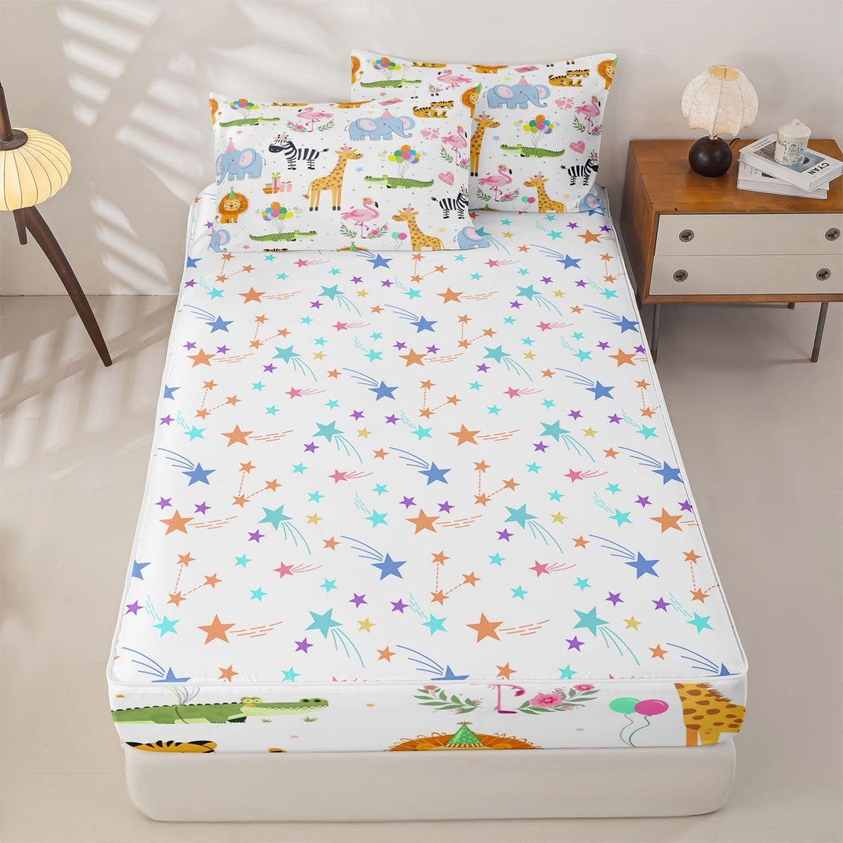 Erosebridal Party Animals Zip Up Comforter Set Nursery Funny Cartoon Wild Animals Twin Zipper Bedding Kids Flamingo Giraffe Elephant Zebra Crocodile Bed Set with Sheets Love Heart Floral Bed in a Bag