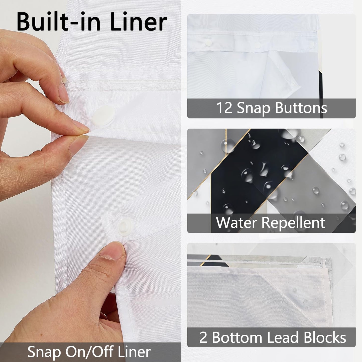 NAEMBCU Modern Geometric No Hook Shower Curtain with Snap-in Liner