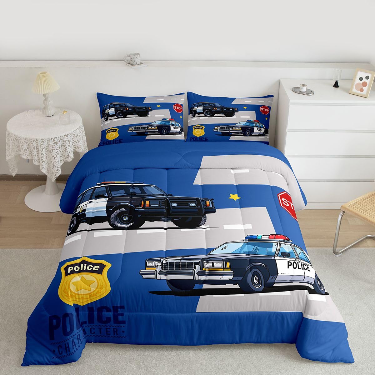 Erosebridal Police Car Comforter Set for Kids Twin Size, Cartoon Policeman Bedding Set for Boys Teens, Vehicle Comforter, Badge Quilt Duvet Set 1 Pillowcase Blue Grey