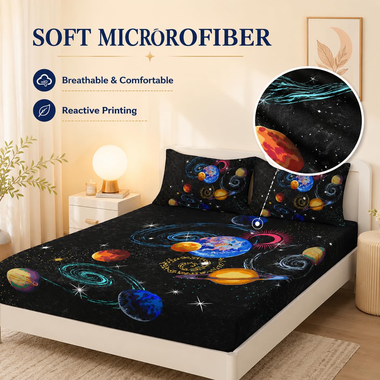 AILONEN Outer Space Twin XL Size Fitted Sheet 3 Pieces Set, Galaxy Starry Sheet for Kids Boys - Eight Planet Theme Soft Breathable Bed Sheet, 1 Fitted Sheet and 2 Pillowcases