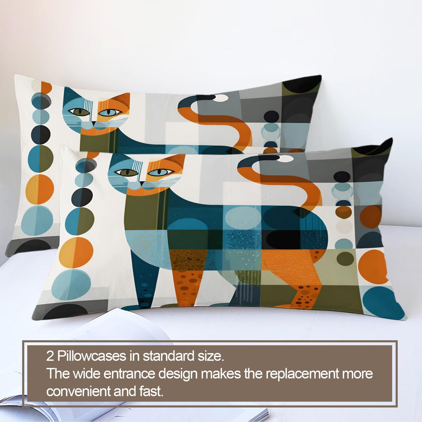 ZAMODE Cat Comforter Cover 120" x 98", Abstract Geometric Kitten Bedding Oversized King Size, Cat Lovers Duvet Cover with 2 Pillowcases