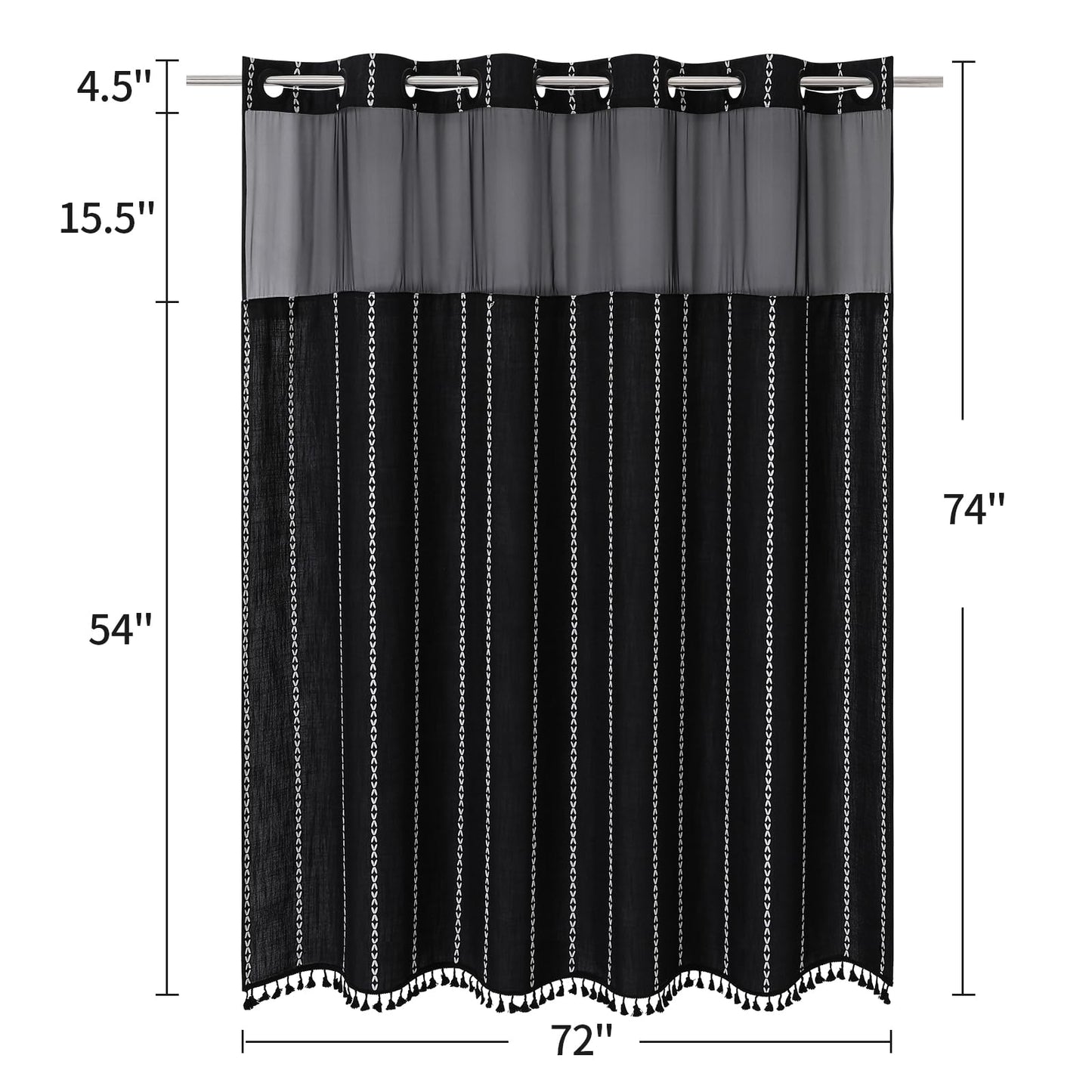 No Hooks Needed Farmhouse Shower Curtain with Snap-in Liner - with Window & Magnets, Boho Cotton Linen Fabric Shower Curtains with Tassels for Rustic Bathroom Decor, Black and White, 72 x 74