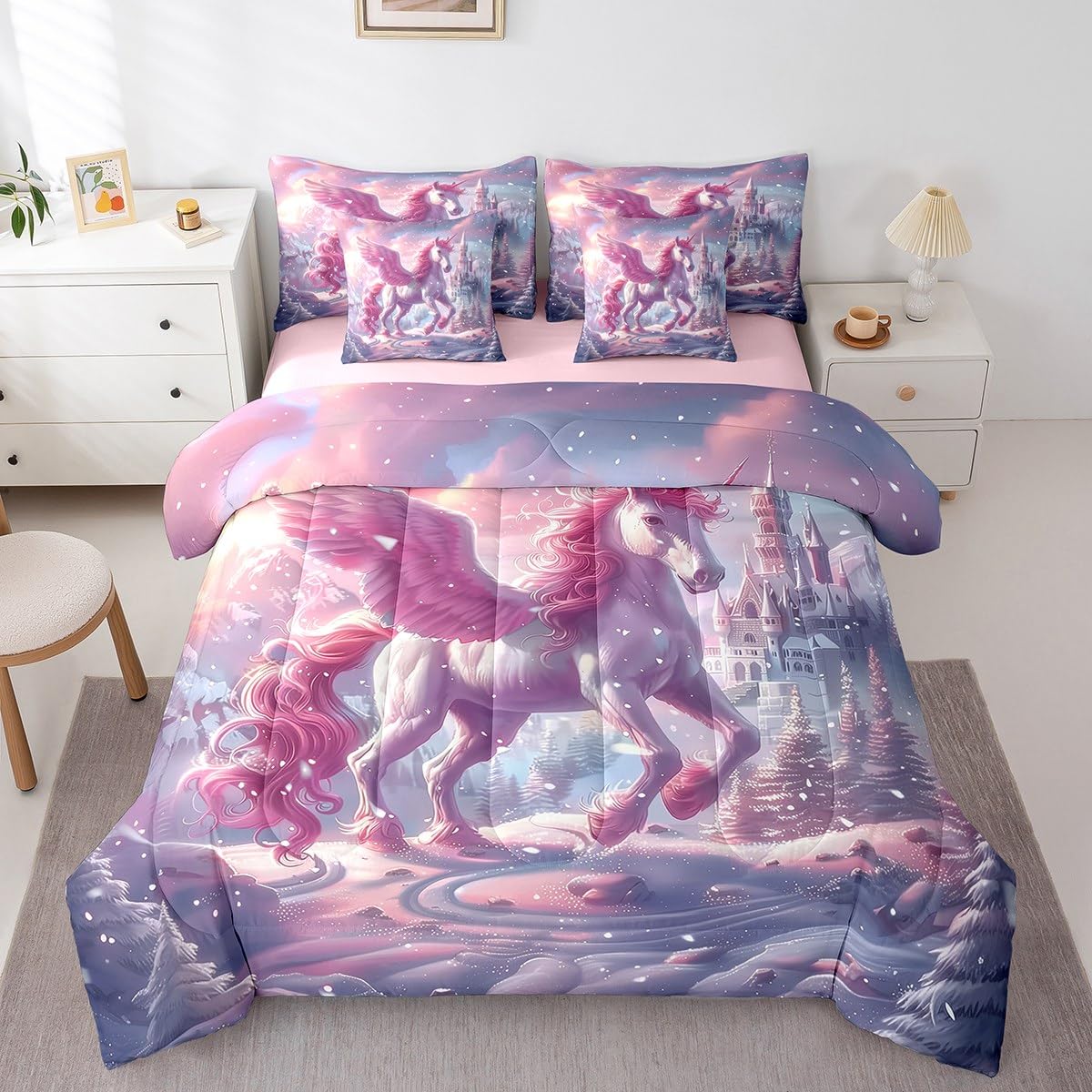 Erosebridal Pink Cartoon Unicorn Bedding Set 7Pcs,Dreamy Castle Comforter Set King for Kids Girls,Kawaii White Horse Quilt,Snow Mountain Tree Botanical Bed in a Bag