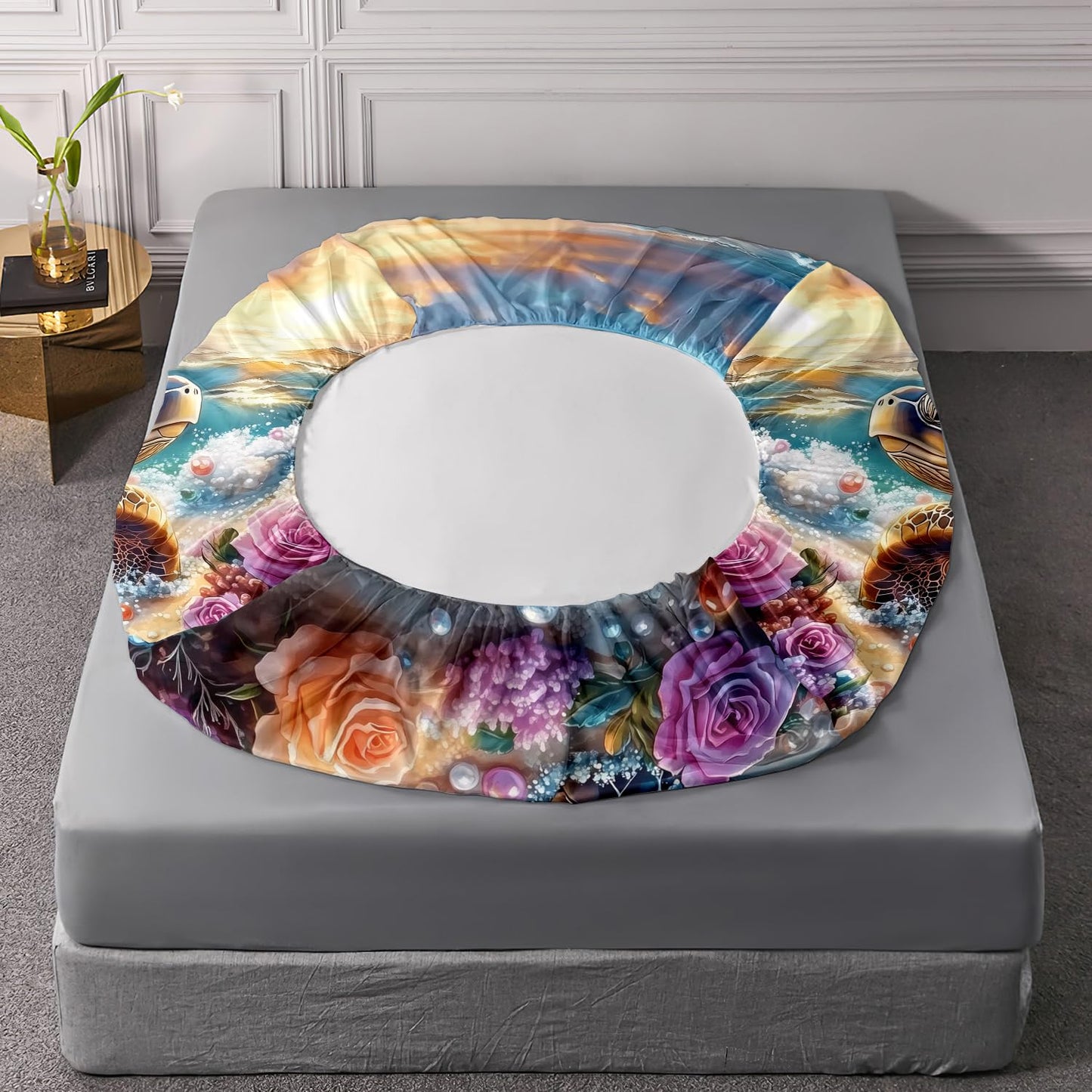HOSIMA Sea Turtle Twin Fitted Sheet for Boys Room Decor,Blue Sea Turtle Srrounded by Flowers Pearl Print Coastal Bedding,Ocean Themed Bedding for Teens Girls,1 Fitted Sheet+2 Pillowcases.