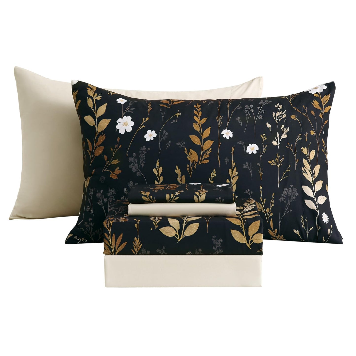 Botanical 6-Piece Full Size Sheets Set, Boho Floral Print Brushed Microfiber Sheets, Cooling Bed Sheet Set, Ultra Soft & Breathable, 16' Deep Pocket Fitted Sheet & Pillowcase Set, Beige Brown Leaves