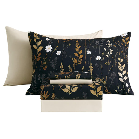 Botanical 6-Piece Full Size Sheets Set, Boho Floral Print Brushed Microfiber Sheets, Cooling Bed Sheet Set, Ultra Soft & Breathable, 16' Deep Pocket Fitted Sheet & Pillowcase Set, Beige Brown Leaves