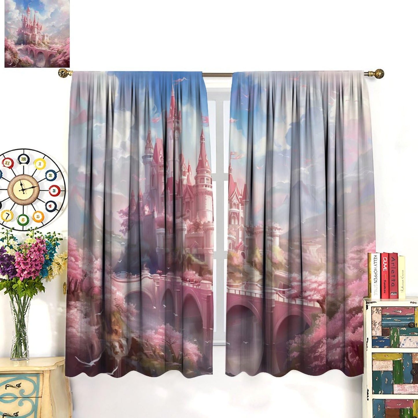 HZOHNAGO Castle Curtains Cherry Blossom Pink Dreamy Castle Birds Mountain Pattern for Girls Room Decoration Print Decor Rod Pocket Window Drapes for Bedroom Living Room 42x45in