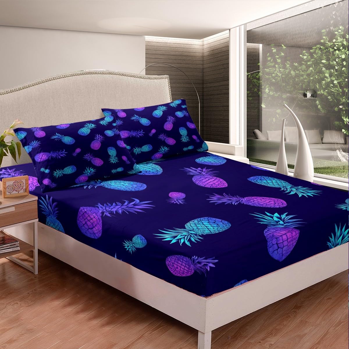 Pineapple Bed Sheet Set Tropical Fruit Print Bedding Set Purple Blue Pineapple Pattern Fitted Sheet for Children Kids Boys Girls Bohemian Exotic Style Bed Cover No Flat Sheet Room Decor Twin Size
