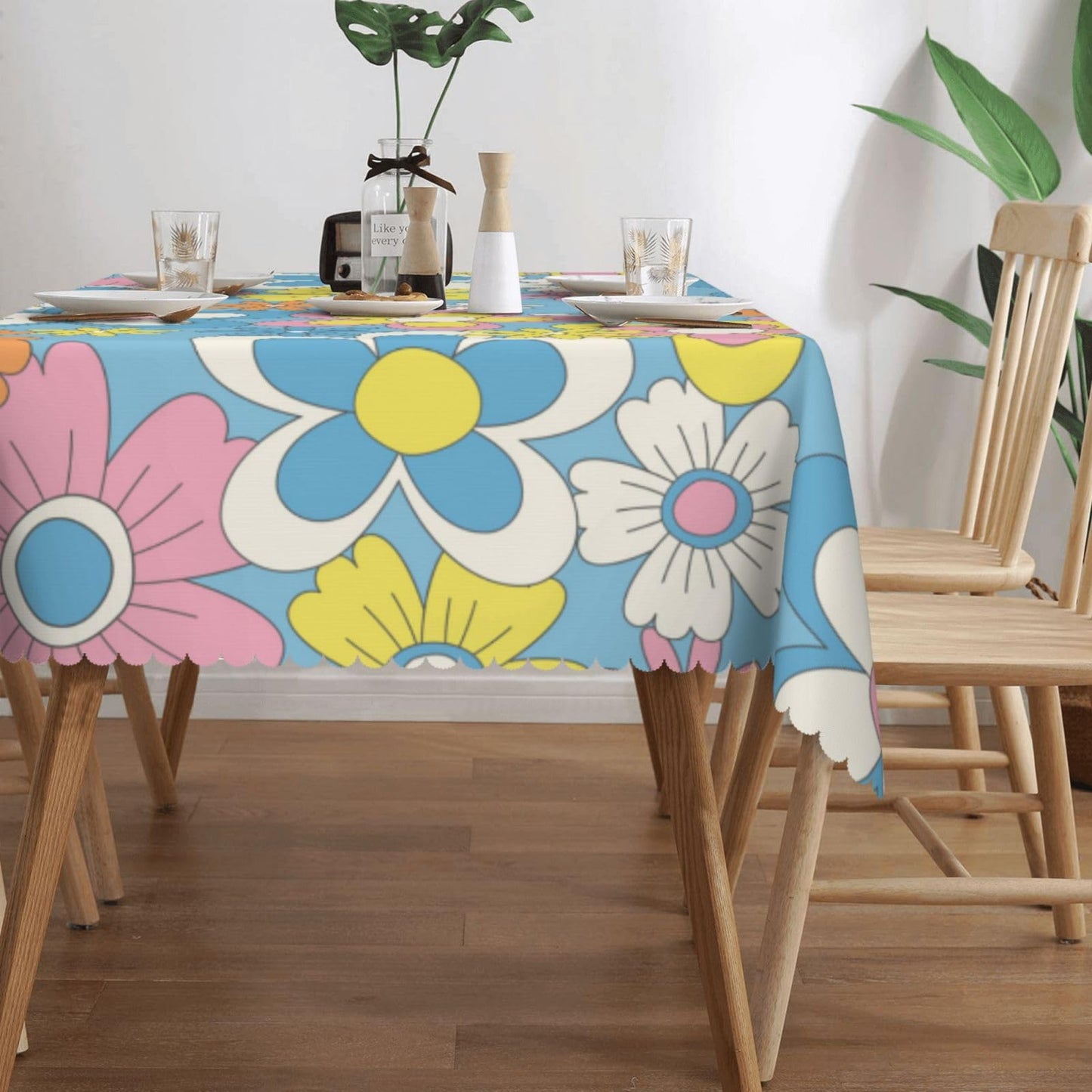 DRAVVIX Daisy Retro Groovy Rectangular Tablecloth Flower Table Cloth with Wavy Lace Decoration Polyester Table Cover for Dining, Parties 54x72 inch