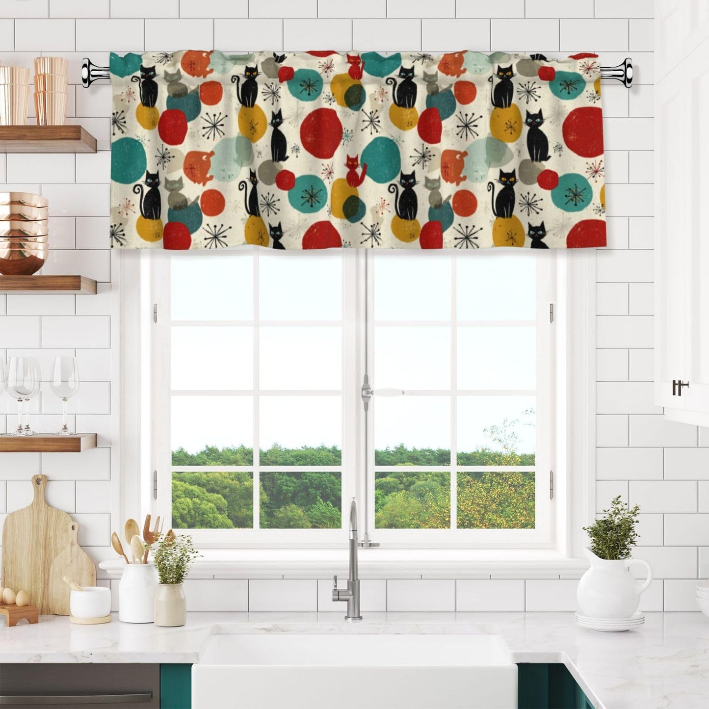 Ecixzyo Cat Mid Century Valance Curtain Window Valance Treatment Decor Small Window Curtains for Bedroom Kitchen Bathroom Living Room 1 Panel 54x18in