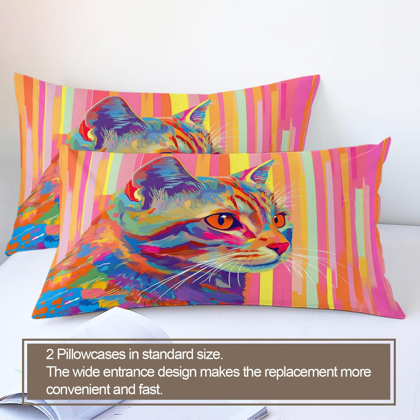 ZAMODE Colorful Kitten Duvet Cover Queen Size, Cute Cartoon Cat Comforter Cover 90" x 90", Dreamy Pets Bedding Set with 2 Pillowcases