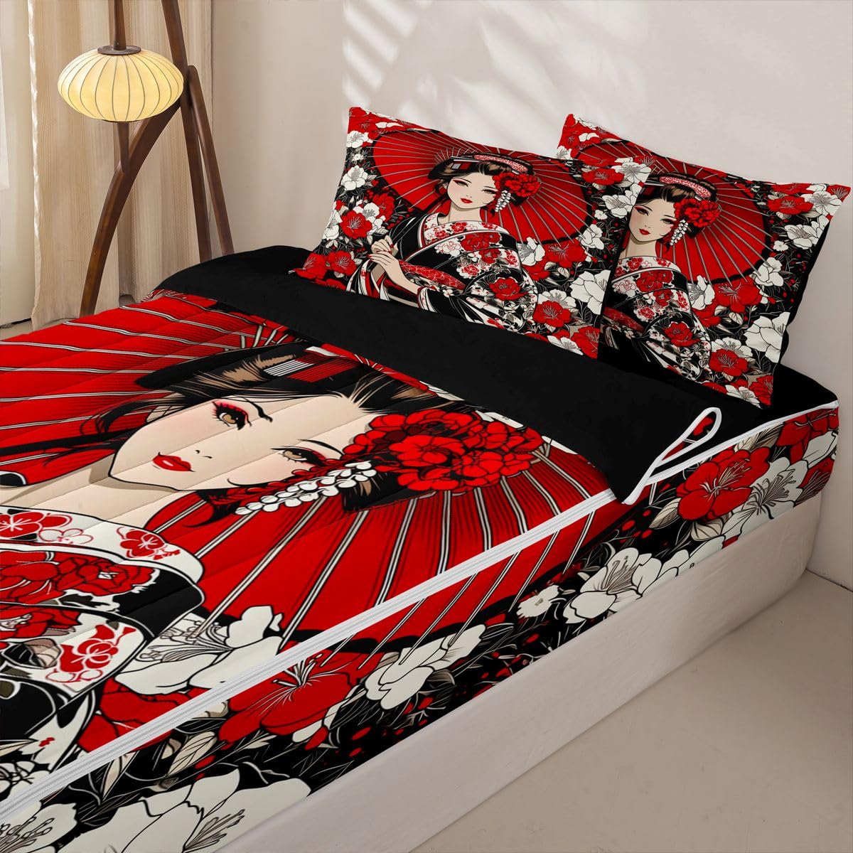 Erosebridal Japanese Geisha Zipper Bedding Twin Size, Japanese Flowers Kids Comforter Set - Artistic Japan Zip Up Comforter Bed in A Bag