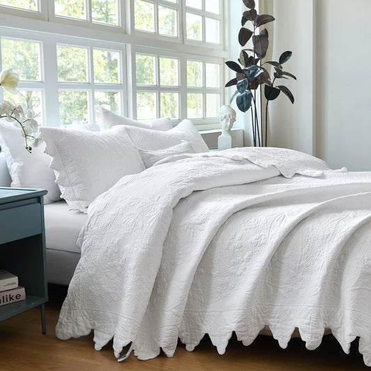 Brandream White Quilts Set Queen Size Bedspreads Cottagecore Farmhouse Bedding 100% Cotton Quilted Bedspreads 3-Piece