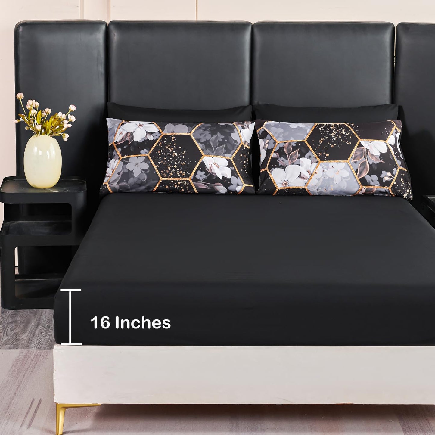 ANGIYUIN Black Gold Full Comforter Sets Floral Print Bedding Sets 7 Pieces Marble Bed in A Bag with Sheets White Flowers Bedding Comforter Sets for Women Men