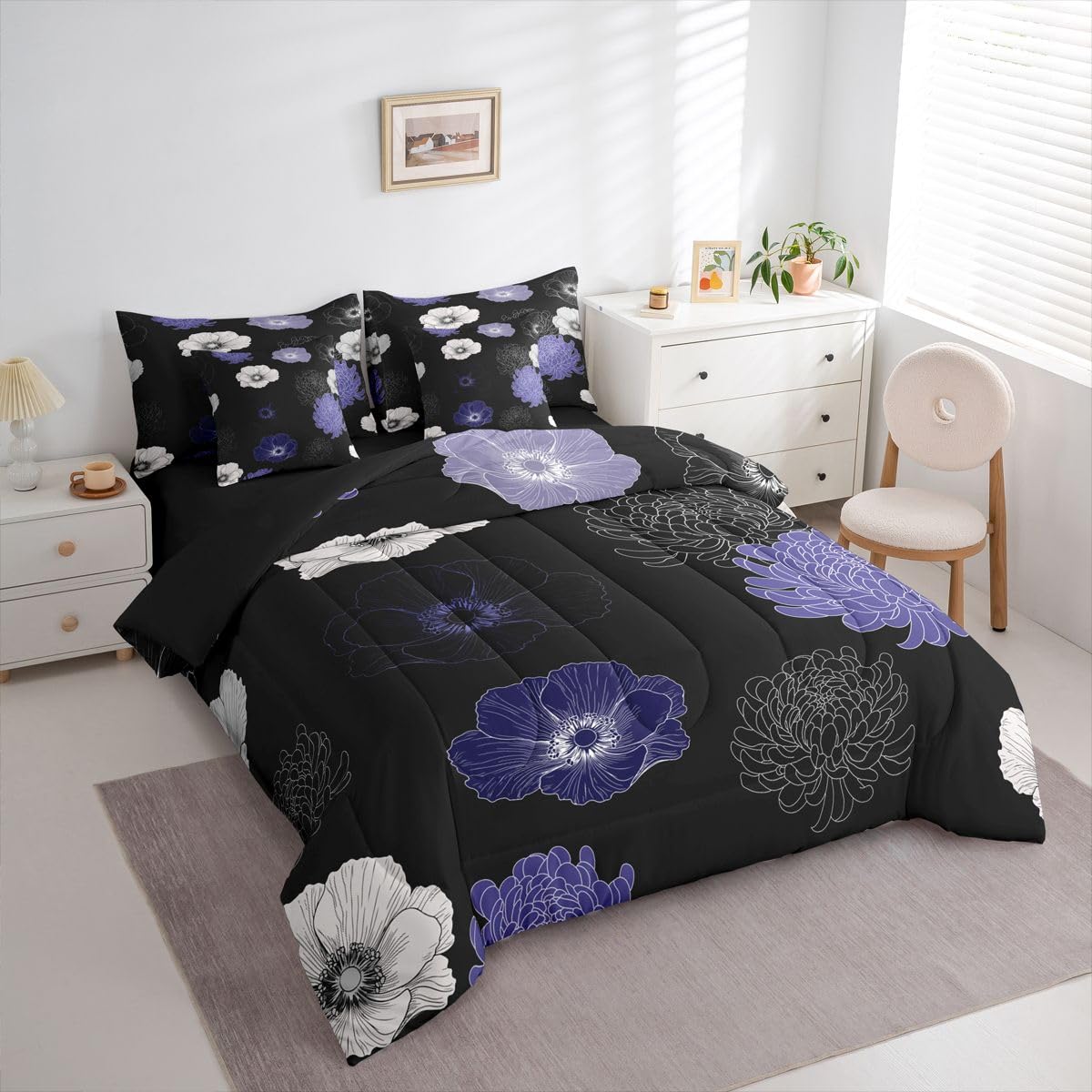 Feelyou Floral Flower 7 Piece Bedding Set Black Purple Comforter Set with Sheets for Kids Boys Girls Poppy Flower Hydrangea Bed in a Bag Damask Print Bed Set Soft Lightweight