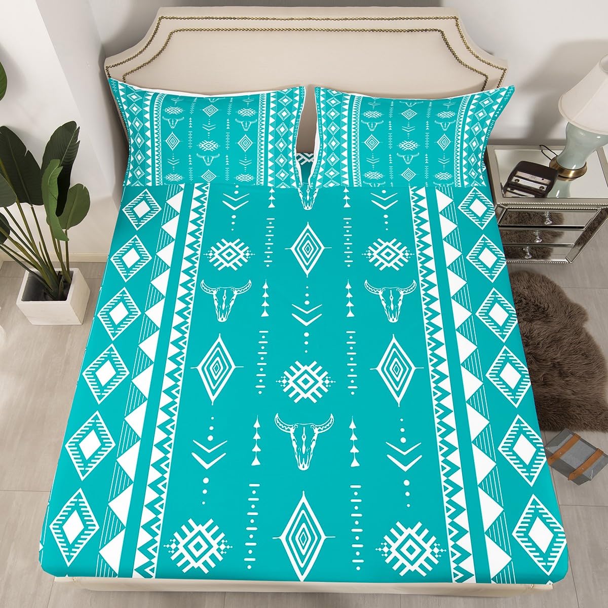 Erosebridal Western Aztec Boho Flat Fitted Sheet, Bull Skull Bed Sheets Set Full Size for Boys Girls Men Women Home Decor, Southwestern Cowboy Bedding Set, Ethnic Horns Bed Sets
