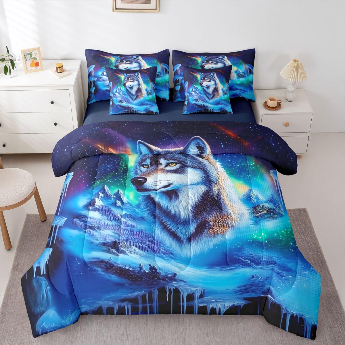 Feelyou Wolf Comforter Set with Sheets 7 Piece Queen Size Wolves Howling Bedding Set for Kids Boys Girls Western Farmhouse Bed in a Bag Wild Animal Room Decor Soft Microfiber
