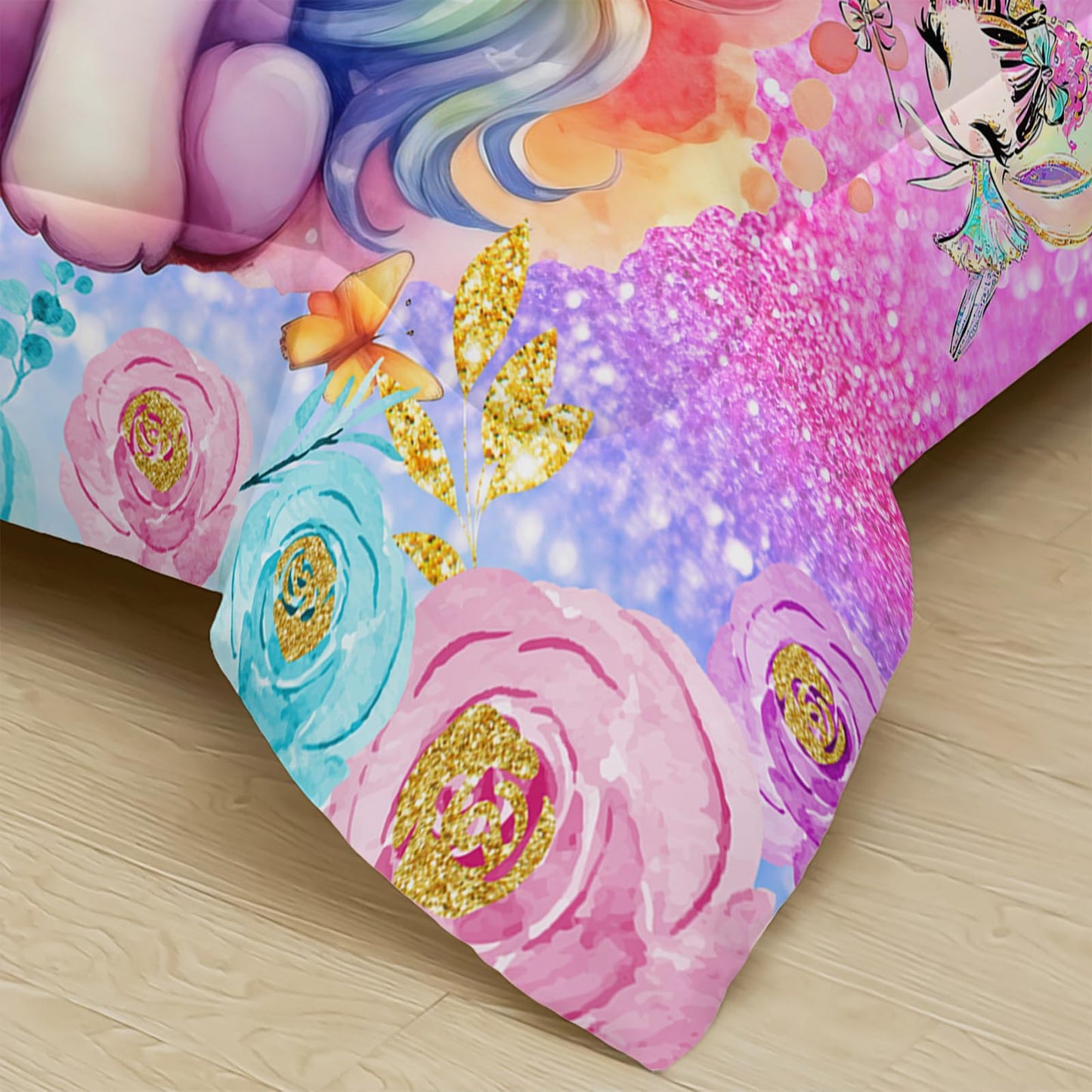 lneffble Cute Unicorn Comforter Set Twin for Girls Kids, Rainbow Unicorn Flower Print Galaxy Bedding Set,Soft Microfiber Cartoon Comforter Set with 2 Pillowcases,Toddler Bedding Set