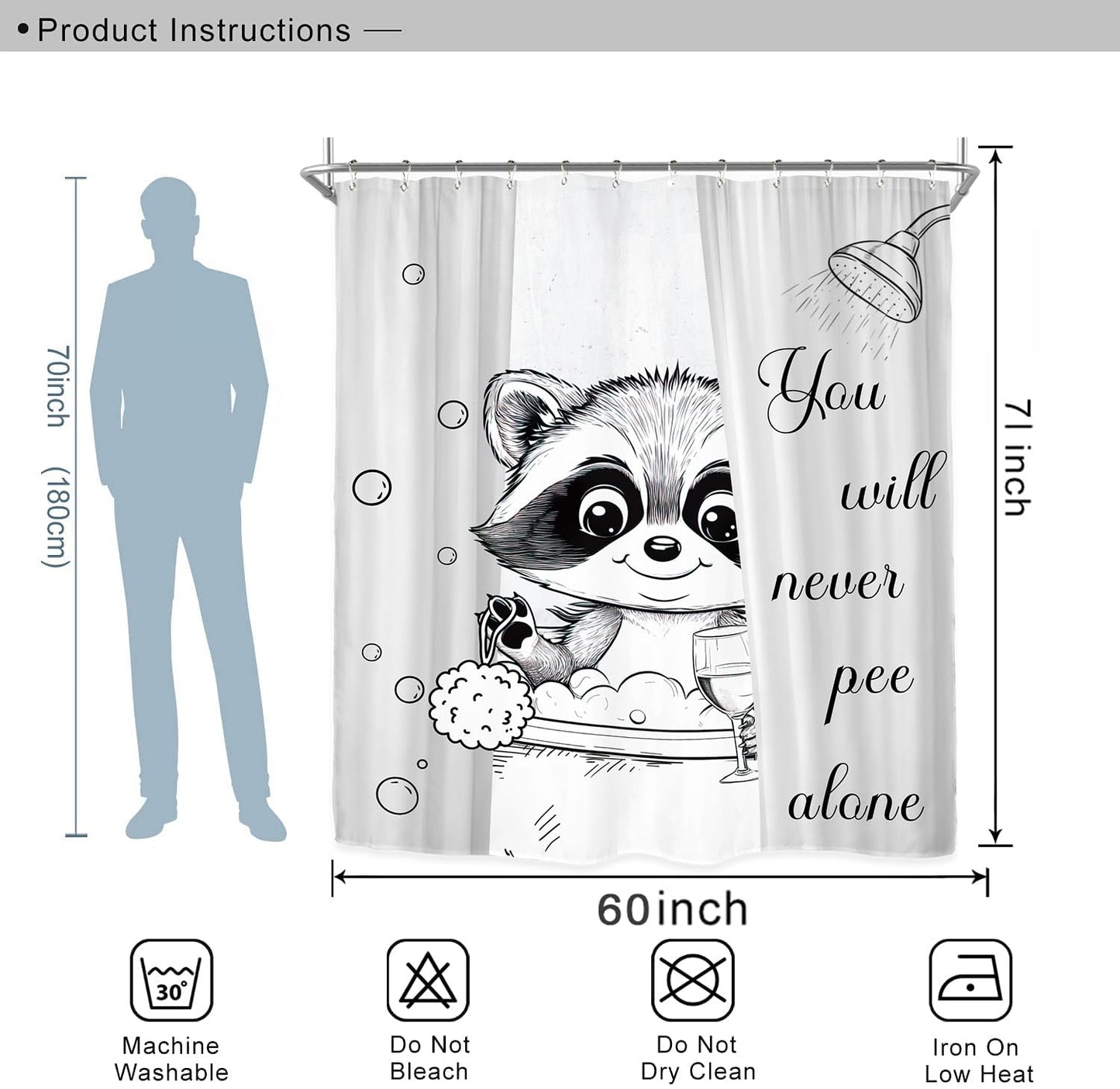 Miyotaa Funny Raccoon Animal Shower Curtain Set 60Wx71H Inches Hilarious Black White Kids Cute Interesting Waterproof Bathroom Curtain with 12 Hooks