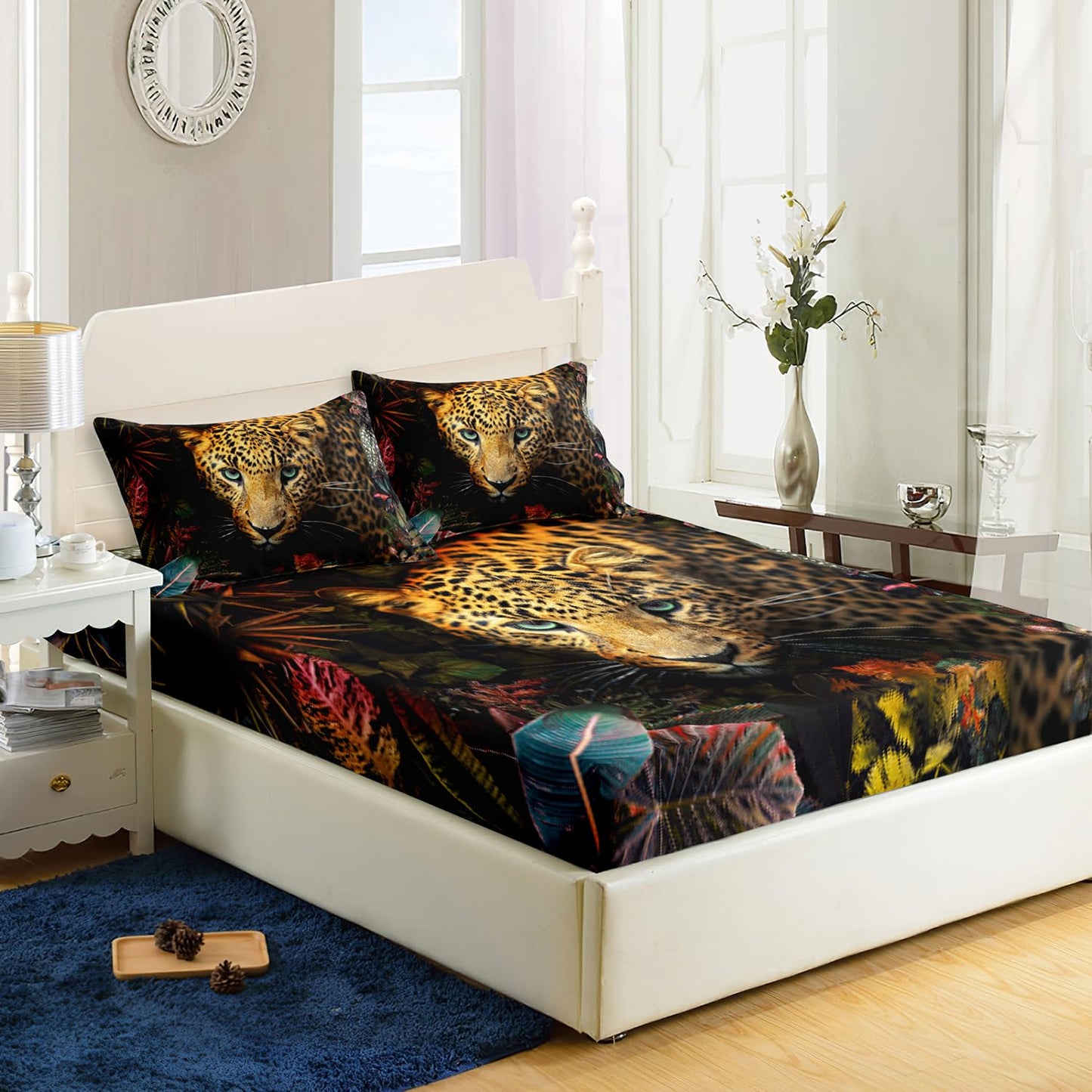 AILONEN Boys Leopard Fitted Sheet Set Twin XL Size, 3D Safari Animal Cheetah Bed Sheet Set,Botanical Leaves Floral Sheet Set 3 Pieces, 1 Fitted Sheet and 2 Pillowcases