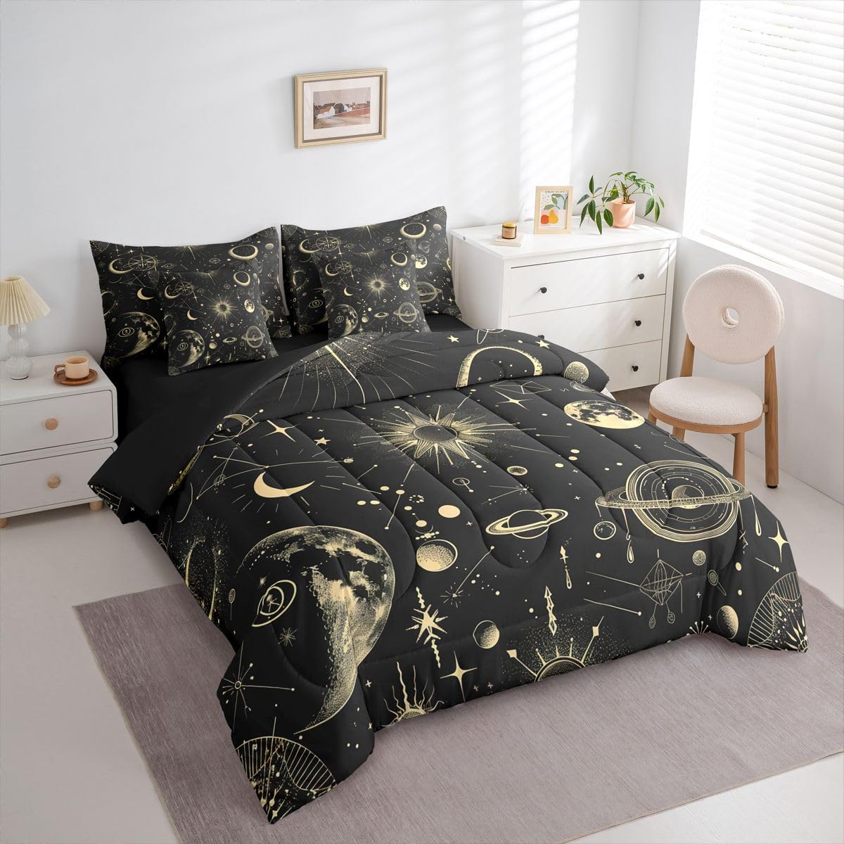 Erosebridal Galaxy 7 Piece Bedding Set Queen Sun Moon Comforter Set with Sheets Starry Sky Bed in A Bag Grunge Style Bed Sets with 2 Pillowcases, 2 Throw Pillow Covers