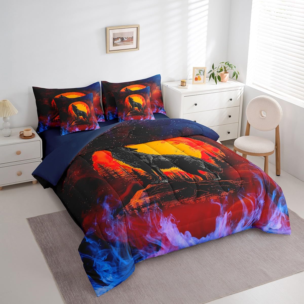 Feelyou Boys Girls Wolf Bed in A Bag Twin Size, Wolves Howling Comforter Set with Sheets Kids Western Wild Animal 7 Pieces Bedding Set Mountain Moon Teens Bed Set Bedroom Decor 7Pcs
