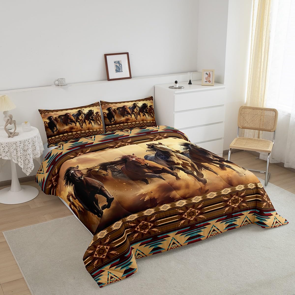 Feelyou Boho Comforter Set King Size Horses Comforter Southwestern Native Aztec Bedding Set Retro Exotic Boho Duvet Set Room Decor Dark Brown Quilt Set