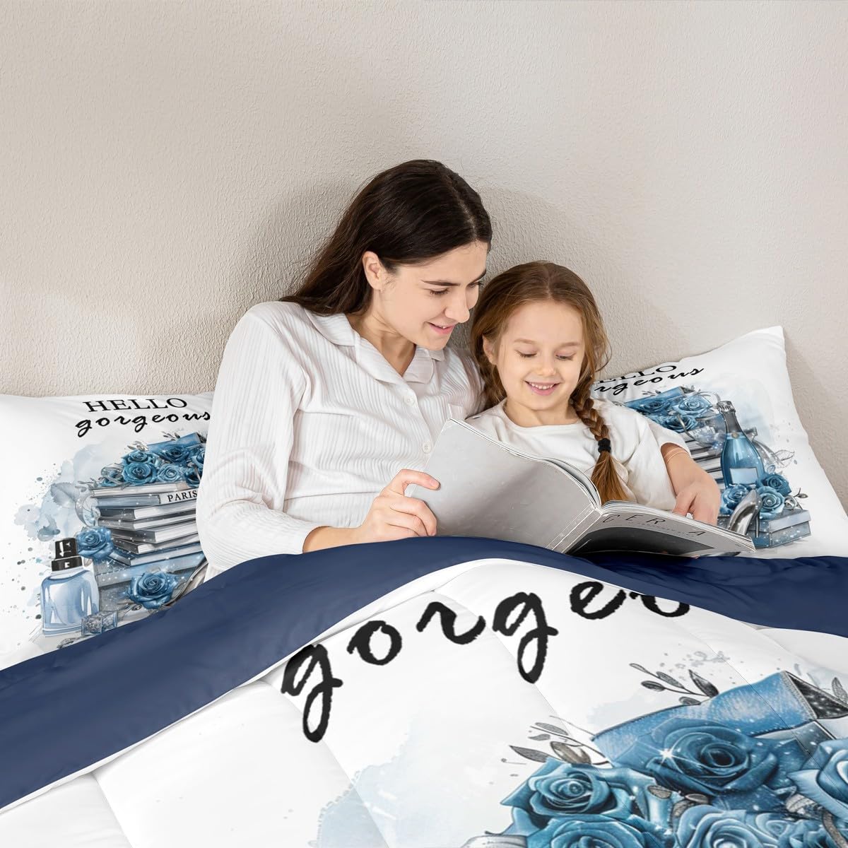 Erosebridal Girly Blue King Bedding Set Silver Fashion Comforter Women Girls Gray Teal Flower Perfume Duvet Insert High Heels Magazine Books Floral Bed Sets Paris Romantic Bedroom Decor