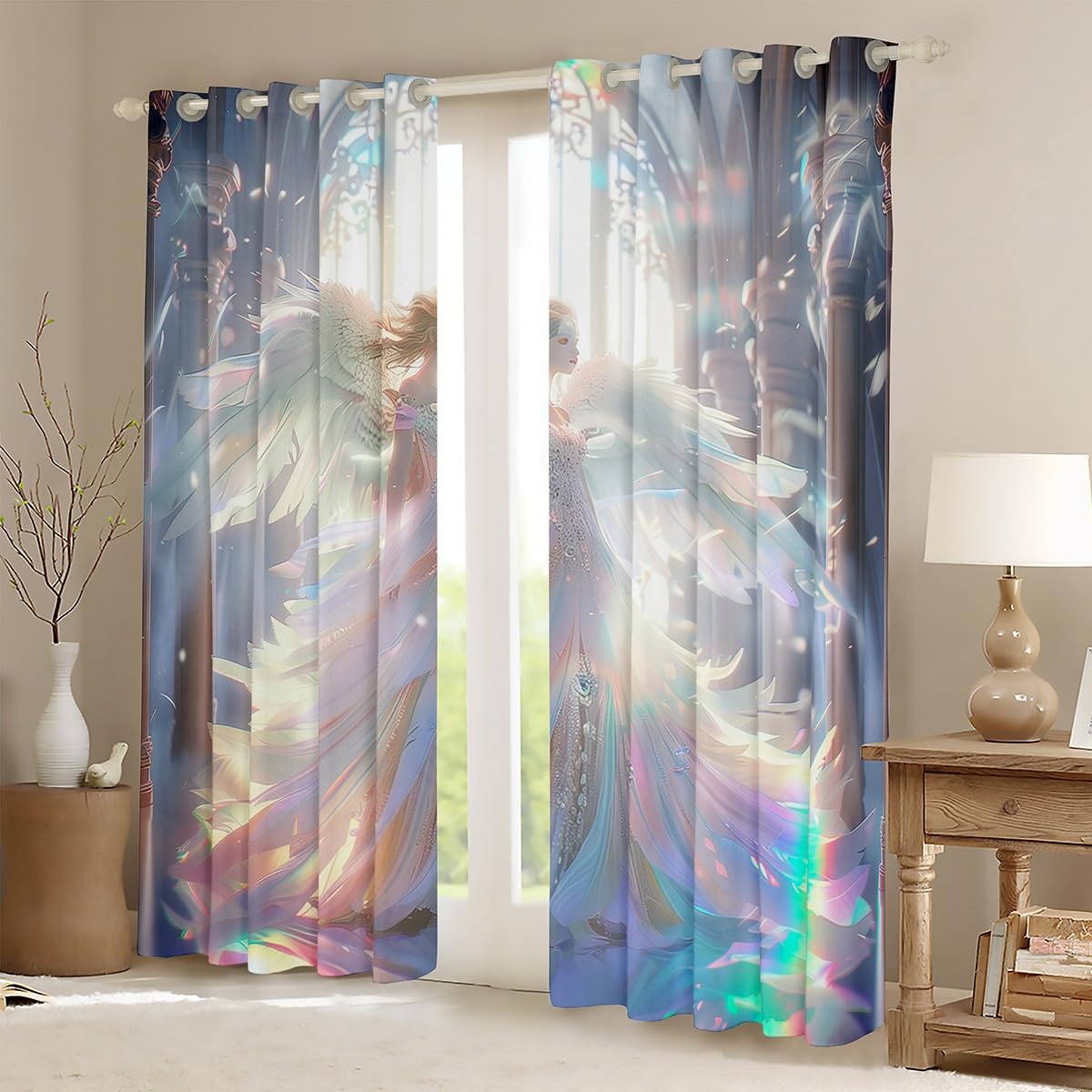 Erosebridal Girls Angel Blackout Curtains 2 Panels,38"x45",Angel Wings Curtains,Palace Window Curtains & Drapes,3D Printed Rainbow Darkening Curtains,Luxury White