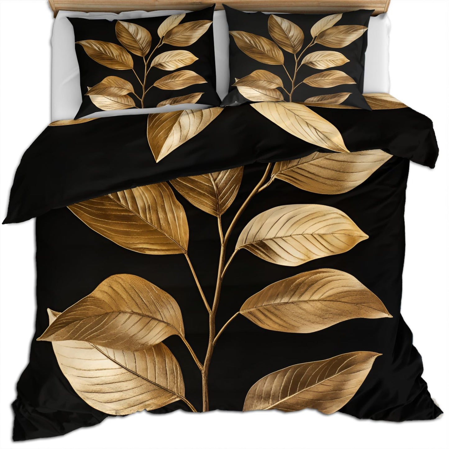 QINYUN Gold Leaves Duvet Cover King Size, Gold Tropical Leaves Bedding Set 3 Piece Bedroom Decor Modern Black Comforter Cover with Zipper Ties & 2 Pillowcases