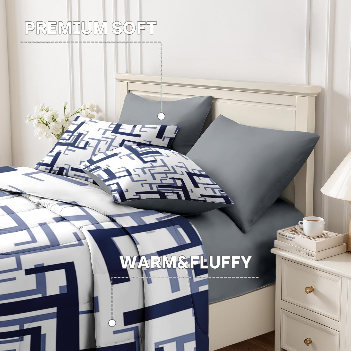 Nesker Comforter Set King Size, Navy Blue Maze 7 Pcs Bedding for Kids and Adults, Lines Geometric Bed Sheet Sets with Fitted Sheet 2 Pillowcases & 2 Shams