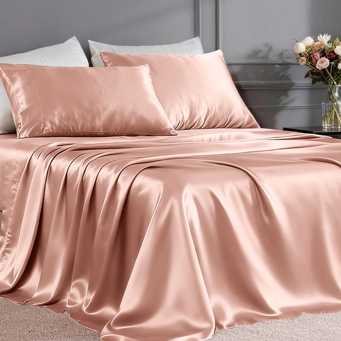 FreshCulture Satin Sheets King Size - 4 Piece Luxury Soft Silky Sheets for Hair and Skin, Similar to Silk Bed Sheet Set with 1 Deep Pocket Fitted Sheet, 1 Flat Sheet & 2 Pillowcases (Blush)