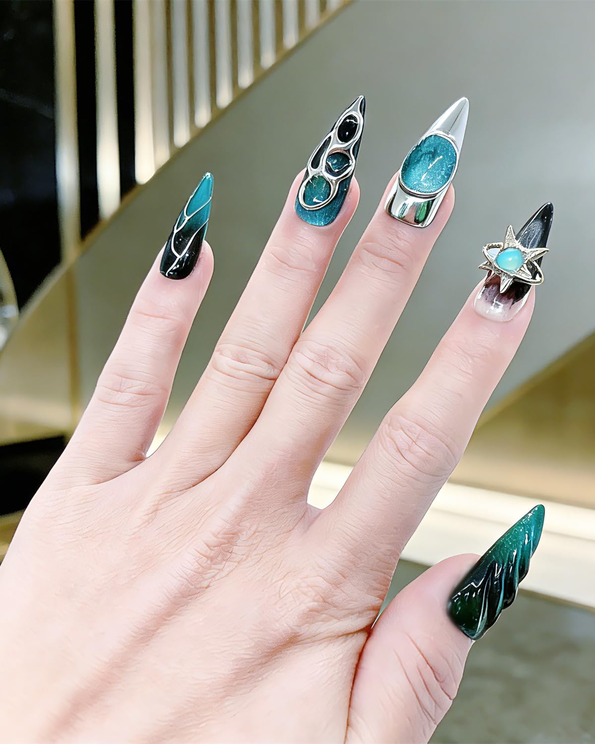 CAMILCY Luxury Handmade Press on Nails Long Stiletto Blue Black Chrome 3D Star Charm Glossy Gothic Fake Nails Reusable Acrylic Nail Tips for Women 10pcs (A036,M)