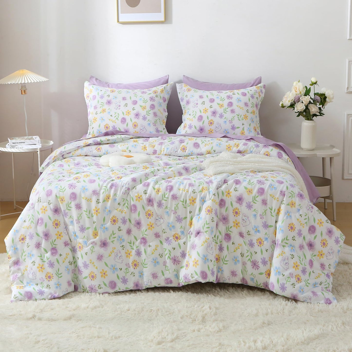 Wajade Floral Comforter Set Bed in A Bag Twin Size 7 Piece Purple Flower Green Leaves Rabbits Bedding Set for Girls (1 Comforter, 1 Flat Sheet, 1 Fitted Sheet, 2 Pillowcase and 2 Pillow Sham)