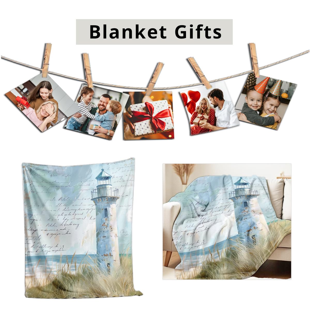 HUNXIAOJ Lighthouse Print Throw Blanket Coastal Flannel Blanket for Couch Bed Nautical Lighthouse Throw Soft Bedding Beach Bedroom Decor Gifts (49"x59")