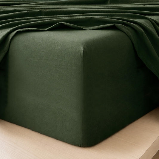 MooMee Fitted Bottom Sheet Only 100% Washed Cotton Linen Like Textured Breathable Durable Soft Comfy Deep Pocket Fits Mattress up to 17" (Forest Green, Queen)