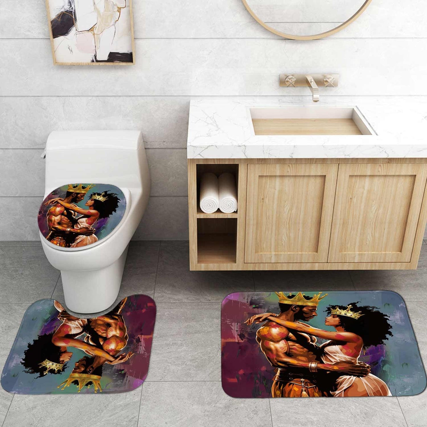 OLEBETY 4PCS African American Shower Curtain Sets with Rugs, Black King Queen Shower Curtain, Oil Painting Art Romantic Lovers Luxury Gold Crown Anniversary Black Women Men Afro Couple Bathroom Decor