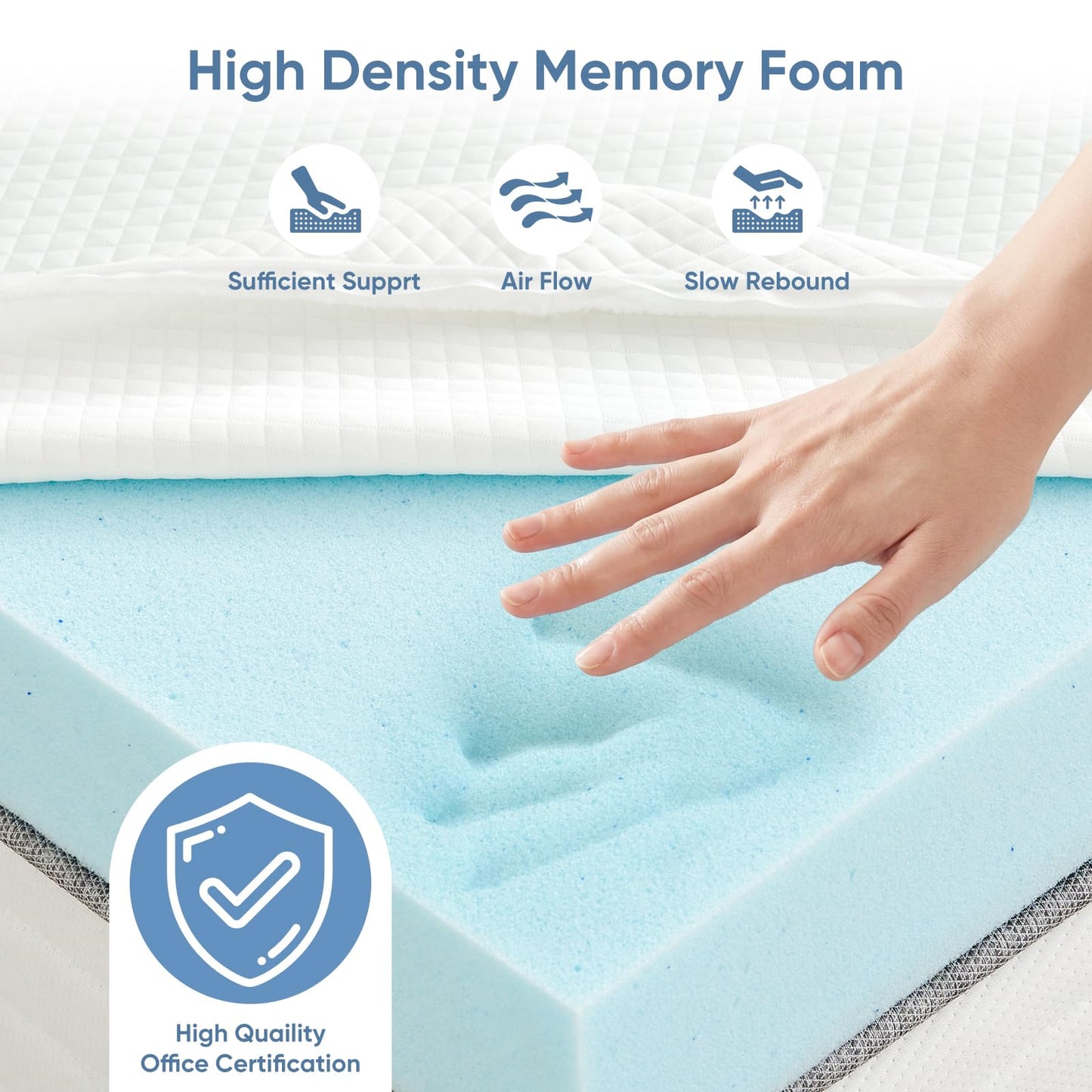 DUMOS Memory Foam Mattress Topper Pad with Cover, Soft Bed Cover with Anti-Slip Base, Enhanced with Cooling Gel, Premium Comfort for Sleep & Back Pain Relief, Removable & Washable