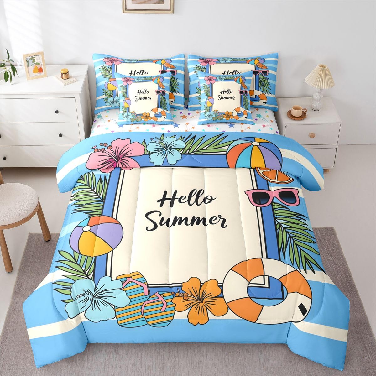 Erosebridal Summer Coastal Beach Queen Bedding Set Hibiscus Flower Palm Comforter Set with Flat and Fitted Sheet Kids Adults Blue Geometric Stripes 7-Piece Bed in a Bag Pool Hello Summer Quilt Sets