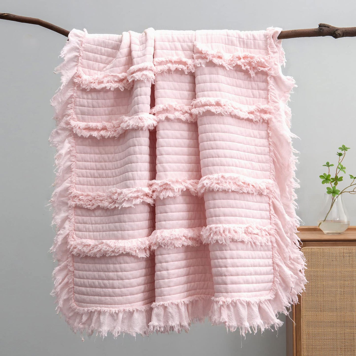 Ultra Soft Pre-Washed Quilted Throw Blanket, Ruffle Fringed Pink Boho Decorative Throw, Stone Washed Chic Rustic Blanket for Sofa Couch Bed Chair, 50"x 60"