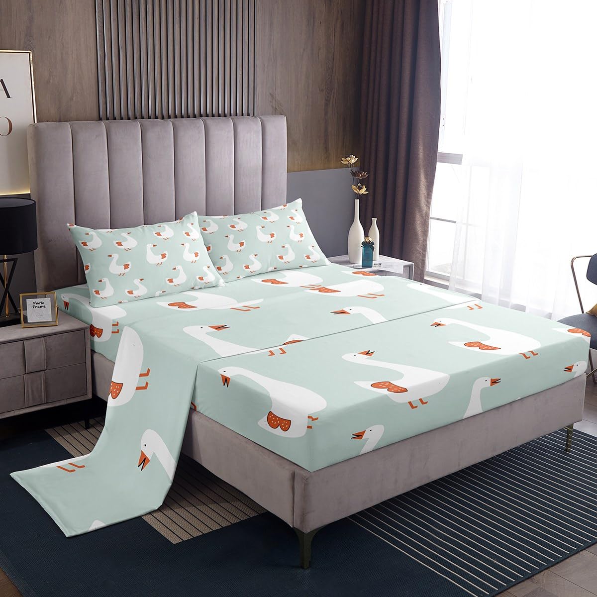 Erosebridal Cute Goose Sheet Set for Kids Child,Cartoon Hand Drawn Goose Pattern Bed Sheets Full,Farm Style Duck Animal Bedding Set,Country Wildlife Fitted Sheet + Top Sheet + 2 Pillowcases