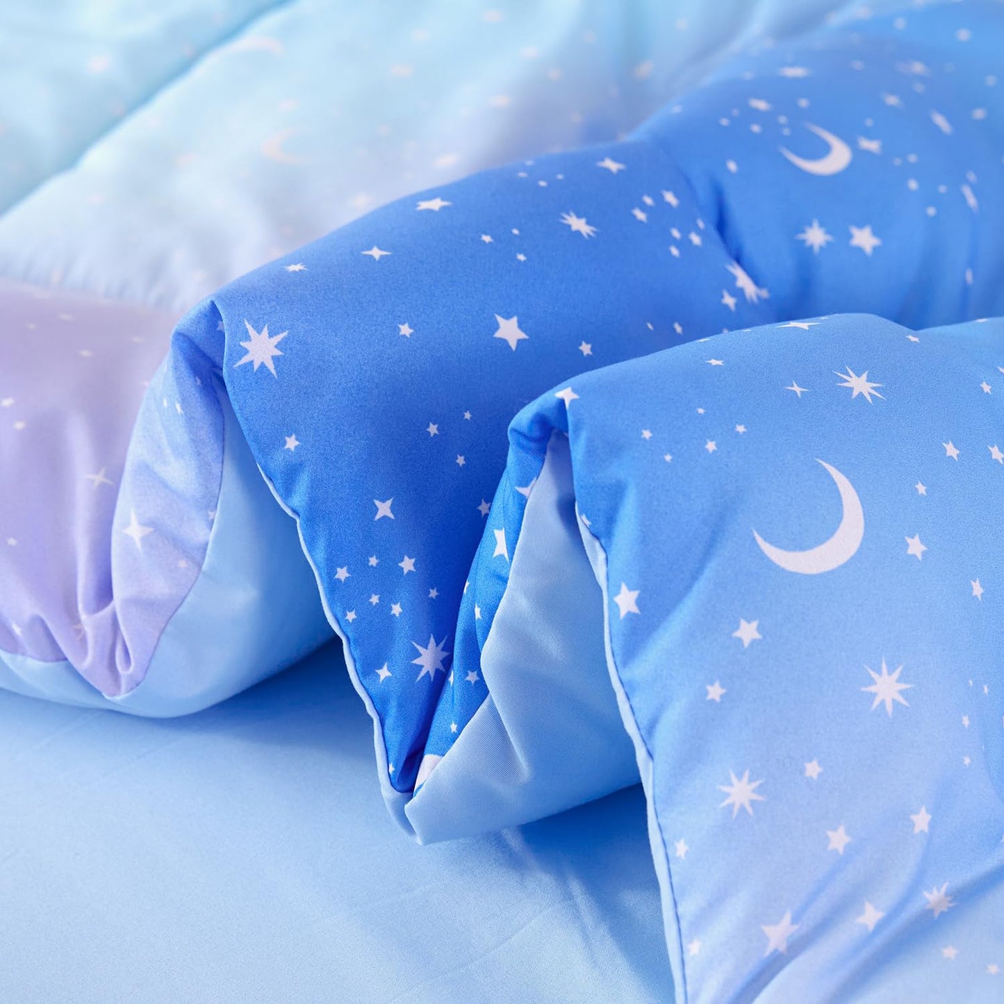 URBONUR Galaxy Blue Comforter Set Queen Size for Boys Girls Ombre Glitter Nebula Kids Teen Bedding Sets Light Blue Soft Lightweight 6Pcs Bed in A Bag Sets